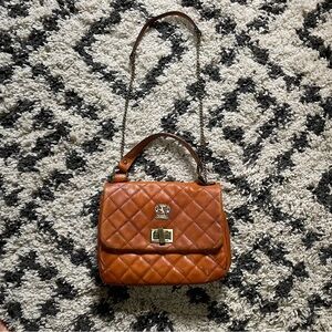 Pratesi Firenze leather quilted crossbody with chain strap. Cognac leather.